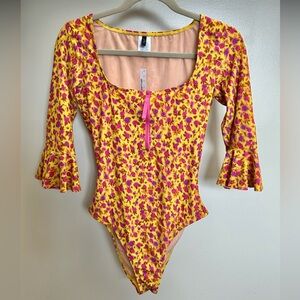 NWT J. Crew Yellow & Pink Floral One-Piece Ruffle Rashguard Swimsuit Sz 8